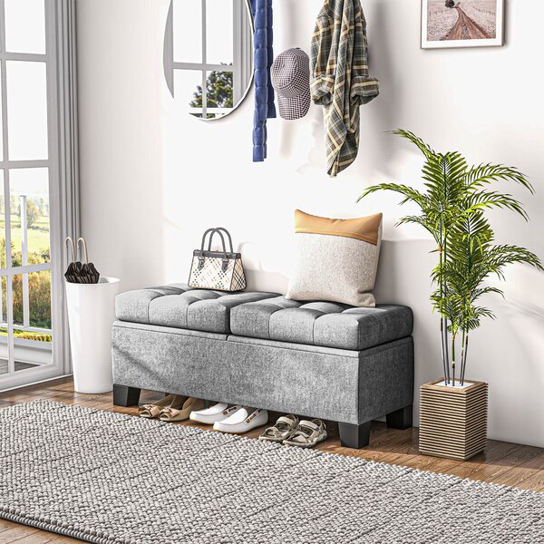 HOMCOM Hedvábně měkký úložný otoman s knoflíky pro předsíň a ložnici, 116x41x47cm, Šedý | Aosom