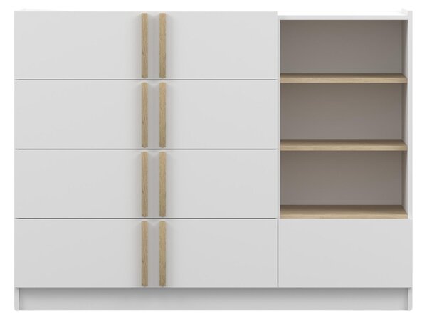 Komoda SEVILLA 5S, ložnice, příborník 135 cm, bílá/bílá, pět zásuvek, dřevěné úchytky