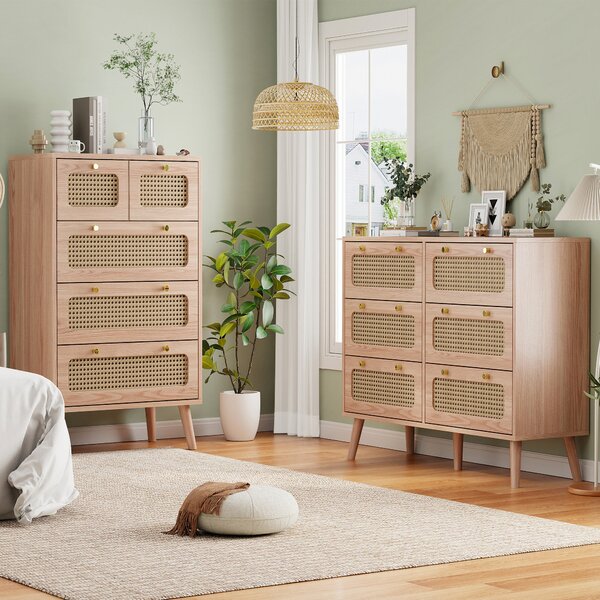 Moderní komoda s 5 zásuvkami ze dřeva a ratanu, multifunkční úložný nábytek do ložnice, obývacího pokoje a předsíně, elegantní a kompaktní design