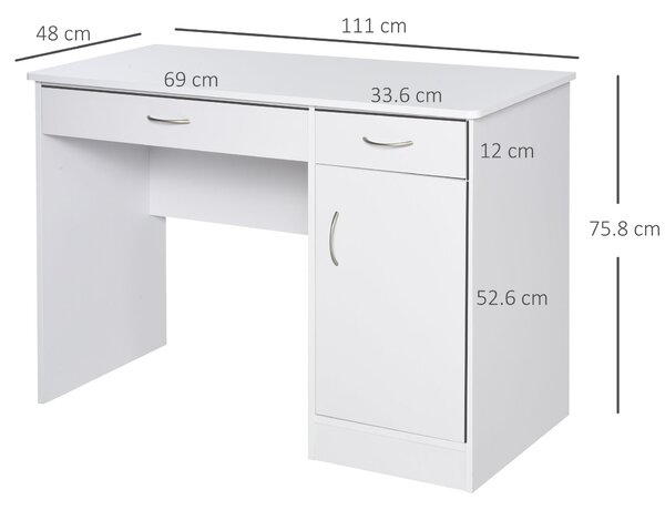 HOMCOM Moderní stůl pro PC s 2 zásuvkami a 1 skříňkou, stůl s úspornou knihovnou do kanceláře nebo ložnice v dřevě, bílý | Aosom