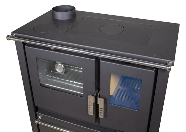 EEK A+ - Sporák na dřevo Verso CS Plus Inox 7,7 kW s troubou, varnou deskou a přihrádkou na dřevo vlevo