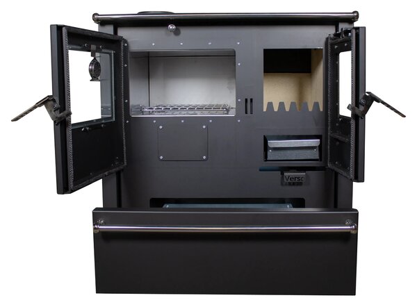 EEK A+ - Sporák na dřevo Verso CS Plus Inox 7,7 kW s troubou, varnou deskou a přihrádkou na dřevo vlevo