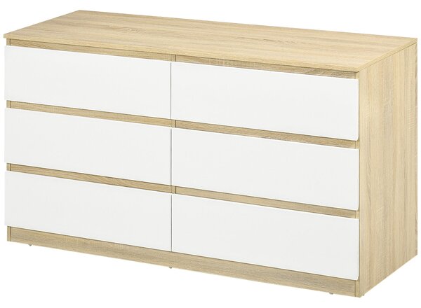 HOMCOM Moderní komoda se 6 šuplíky, ložnicová komoda 135x48x77cm, bílá a dřevo | Aosom