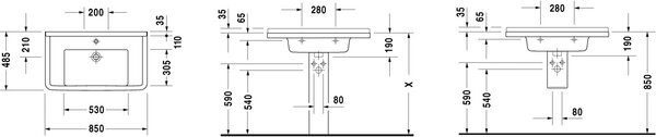 Duravit Starck 3 umyvadlo 85x48.5 cm obdélníkový klasický-nábytkový-s pultem bílá lesk 0304800000