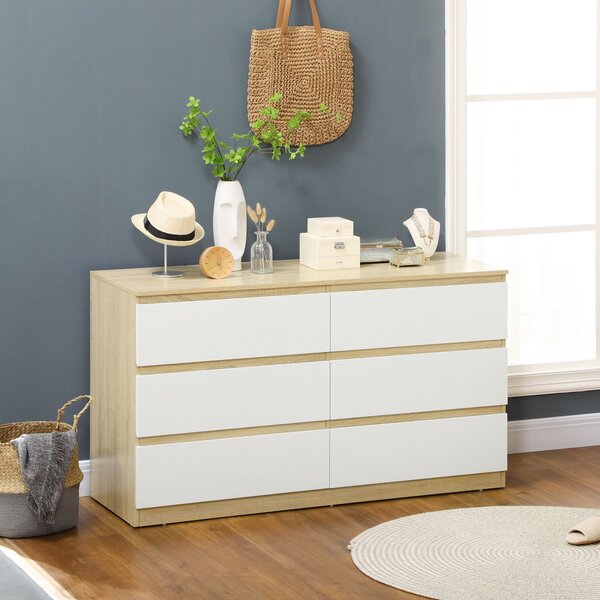 HOMCOM Moderní komoda se 6 šuplíky, ložnicová komoda 135x48x77cm, bílá a dřevo | Aosom