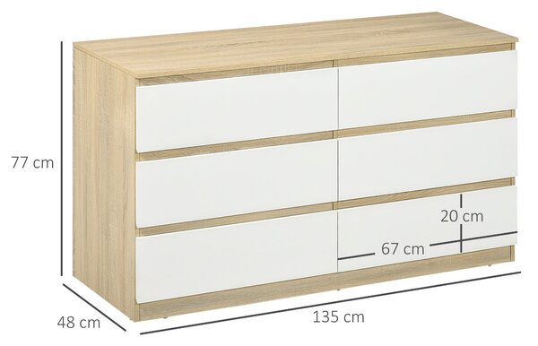 HOMCOM Moderní komoda se 6 šuplíky, ložnicová komoda 135x48x77cm, bílá a dřevo | Aosom