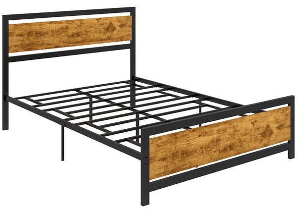 HOMCOM Jednolůžkový rám postele z dřeva a oceli 147x208x103cm, Integrované lamely a čelo v industriálním stylu, Černé a rustikální hnědé | Aosom