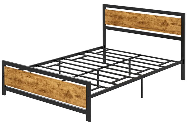 HOMCOM Jednolůžkový rám postele z dřeva a oceli 147x208x103cm, Integrované lamely a čelo v industriálním stylu, Černé a rustikální hnědé | Aosom
