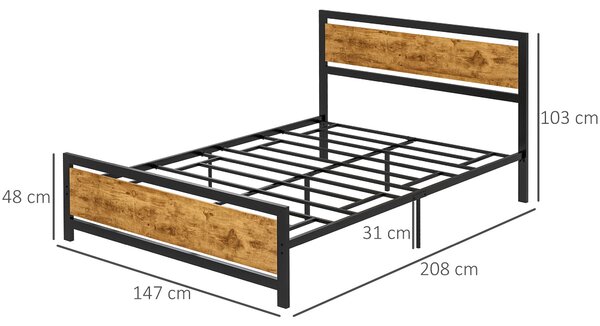 HOMCOM Jednolůžkový rám postele z dřeva a oceli 147x208x103cm, Integrované lamely a čelo v industriálním stylu, Černé a rustikální hnědé | Aosom