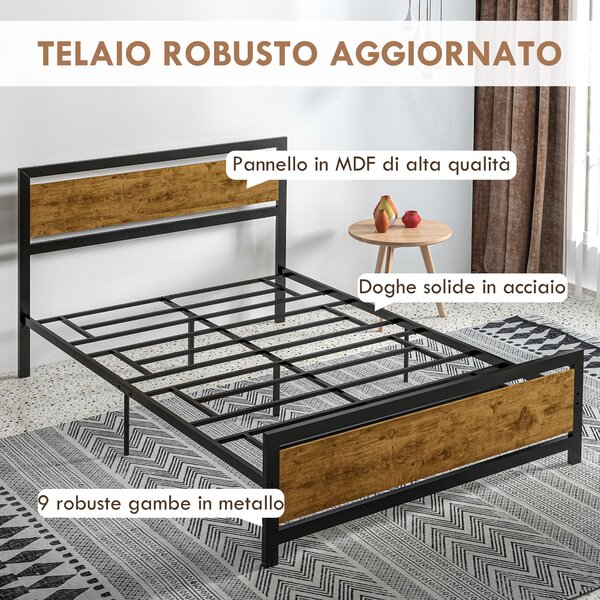 HOMCOM Jednolůžkový rám postele z dřeva a oceli 147x208x103cm, Integrované lamely a čelo v industriálním stylu, Černé a rustikální hnědé | Aosom