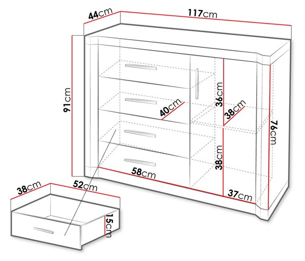 Kombinovaná komoda ARIKA - šířka 117 cm, dub lanýž