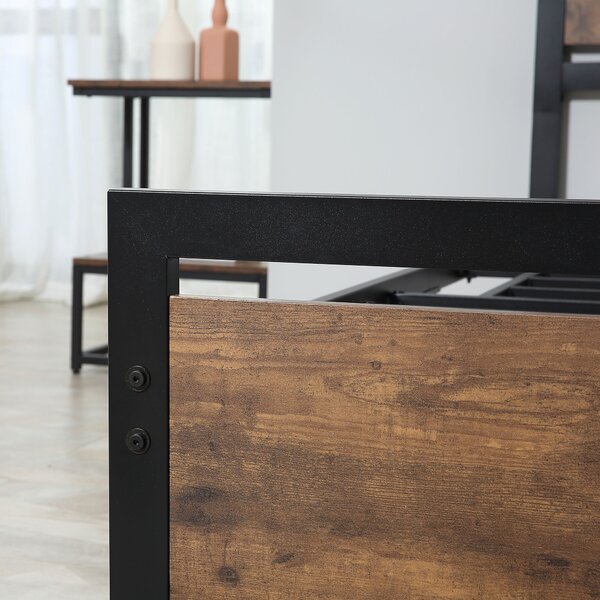 HOMCOM Jednolůžkový rám postele z dřeva a oceli 97x 208x103cm, integrované lamely, průmyslový styl čela a nohou postele, černý a rustikální hnědý | Ao