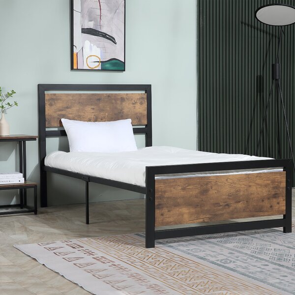 HOMCOM Jednolůžkový rám postele z dřeva a oceli 97x 208x103cm, integrované lamely, průmyslový styl čela a nohou postele, černý a rustikální hnědý | Ao