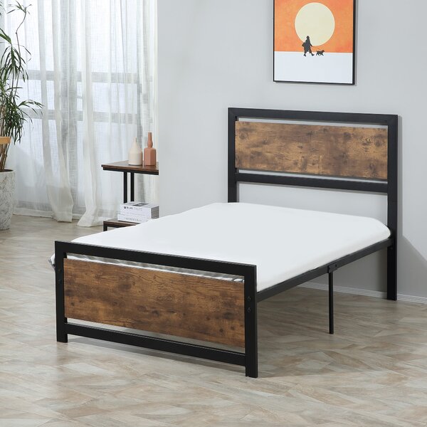 HOMCOM Jednolůžkový rám postele z dřeva a oceli 97x 208x103cm, integrované lamely, průmyslový styl čela a nohou postele, černý a rustikální hnědý | Ao