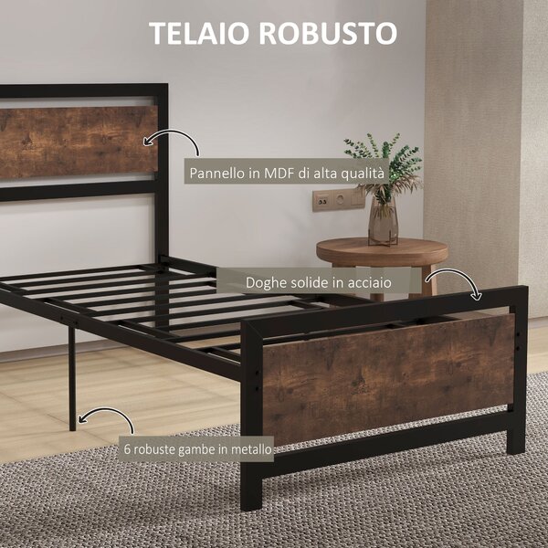 HOMCOM Jednolůžkový rám postele z dřeva a oceli 97x 208x103cm, integrované lamely, průmyslový styl čela a nohou postele, černý a rustikální hnědý | Ao
