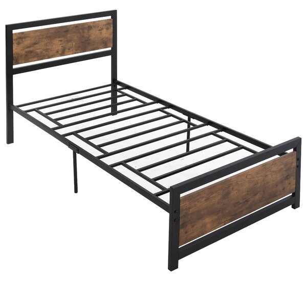 HOMCOM Jednolůžkový rám postele z dřeva a oceli 97x 208x103cm, integrované lamely, průmyslový styl čela a nohou postele, černý a rustikální hnědý | Ao