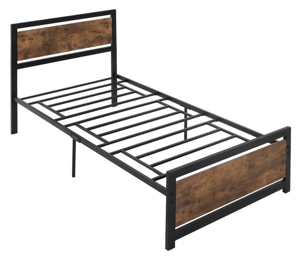 HOMCOM Jednolůžkový rám postele z dřeva a oceli 97x 208x103cm, integrované lamely, průmyslový styl čela a nohou postele, černý a rustikální hnědý | Ao