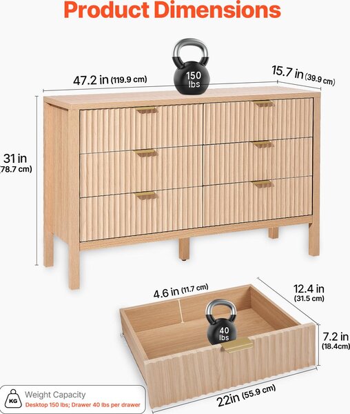 SucceBuy komoda se 6 zásuvkami, žebrovaný design, dřevo, ochrana proti převrácení