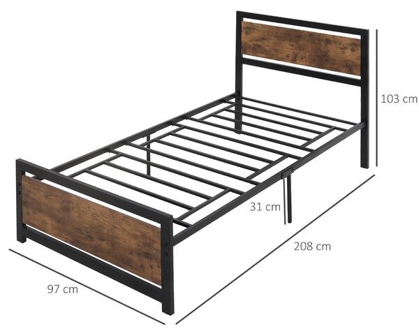 HOMCOM Jednolůžkový rám postele z dřeva a oceli 97x 208x103cm, integrované lamely, průmyslový styl čela a nohou postele, černý a rustikální hnědý | Ao
