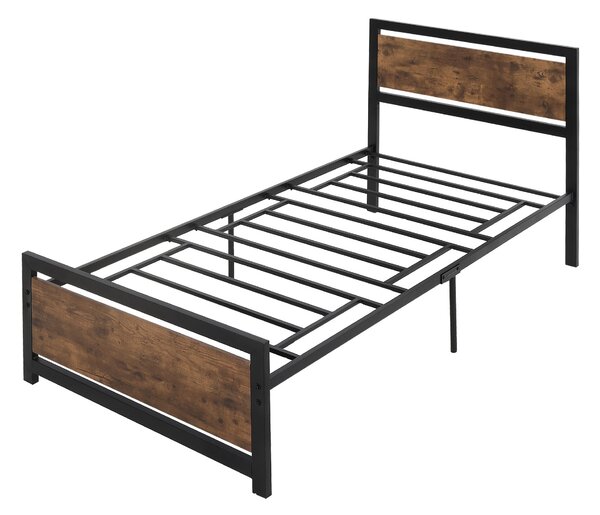 HOMCOM Jednolůžkový rám postele z dřeva a oceli 97x 208x103cm, integrované lamely, průmyslový styl čela a nohou postele, černý a rustikální hnědý | Ao