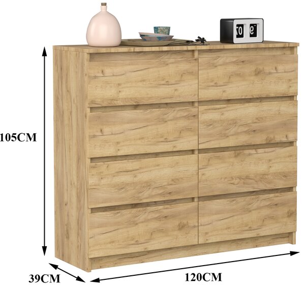 VBChome Komoda s 8 zásuvkami dub 120 x 39 x 105 cm Komoda bez úchytek dřevo víceúčelová skříň víceúčelová skříň do předsíně ložnice