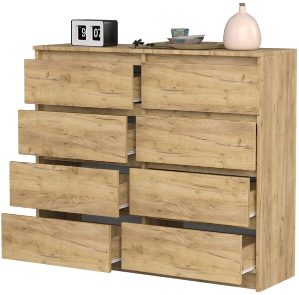 VBChome Komoda s 8 zásuvkami dub 120 x 39 x 105 cm Komoda bez úchytek dřevo víceúčelová skříň víceúčelová skříň do předsíně ložnice