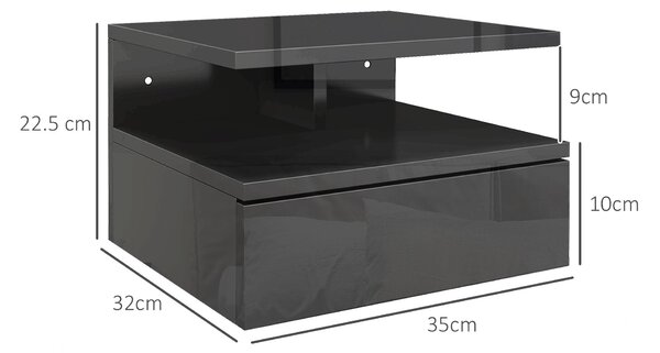 HOMCOM Set 2 Nástěnných Nočních Stolků, Moderní Noční Stoly, s Šuplíkem a Horní Policí z Dřeva, 35x32x22,5 cm, Lesklá Černá | Aosom