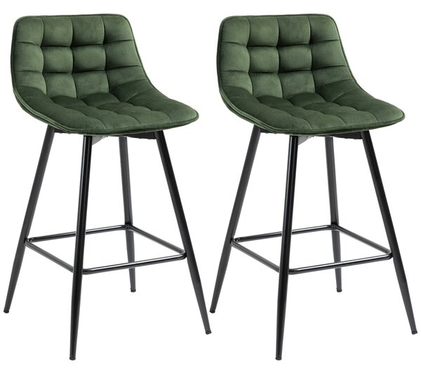 HOMCOM Sada 2 vysokých barových židlí v nordickém stylu s opěradlem a podnožkou, židle s efektem sametu a kovem, 45x47x84 cm, zelená | Aosom