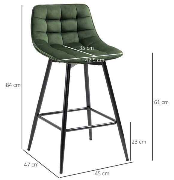 HOMCOM Sada 2 vysokých barových židlí v nordickém stylu s opěradlem a podnožkou, židle s efektem sametu a kovem, 45x47x84 cm, zelená | Aosom