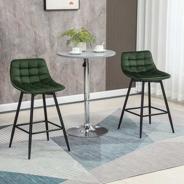 HOMCOM Sada 2 vysokých barových židlí v nordickém stylu s opěradlem a podnožkou, židle s efektem sametu a kovem, 45x47x84 cm, zelená | Aosom