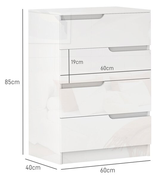 HOMCOM Moderní a minimalistická komoda se 4 šuplíky, dřevovláknitá deska, 60x40x85 cm, lesklá bílá | Aosom
