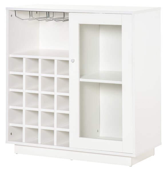 HOMCOM Stojan na víno s držákem sklenic a skříňkou, stojan na víno pro 20 lahví, vinotéka se skleněnými dveřmi, 80x36x85 cm, bílá | Aosom