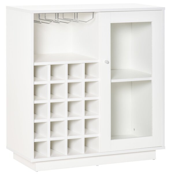 HOMCOM Stojan na víno s držákem sklenic a skříňkou, stojan na víno pro 20 lahví, vinotéka se skleněnými dveřmi, 80x36x85 cm, bílá | Aosom