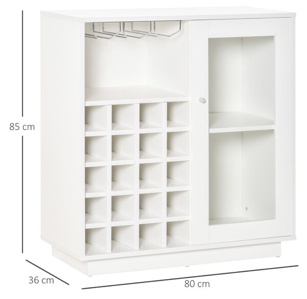 HOMCOM Stojan na víno s držákem sklenic a skříňkou, stojan na víno pro 20 lahví, vinotéka se skleněnými dveřmi, 80x36x85 cm, bílá | Aosom