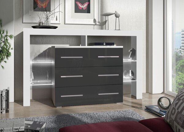 Komoda se šuplíky a LED osvětlením CLANE 2 - bílá / lesklá šedá