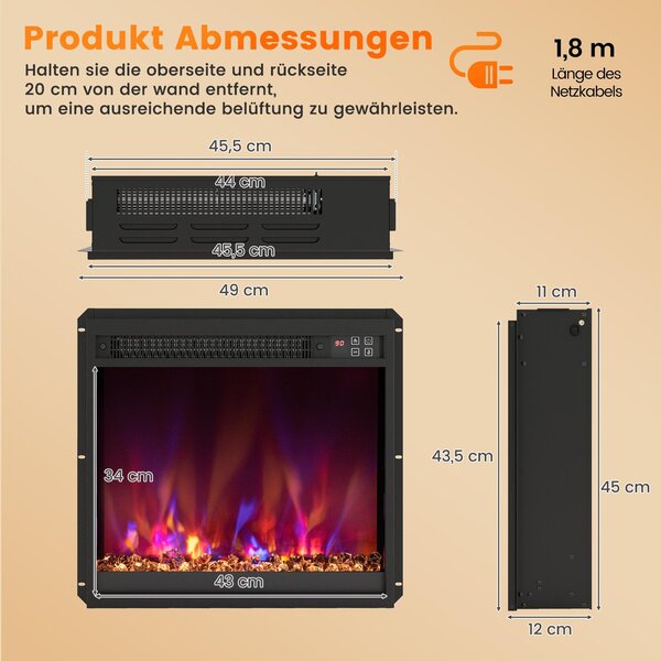 COSTWAY elektrický krb 1500W s ohřevem, termostat 17-32℃, vestavěný krb nástěnný krb s dálkovým ovládáním, časovač, nastavitelný 3D efekt plamene 49x12x45cm