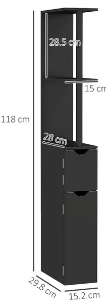 Kleankin Koupelnová Skříňka s 2 Policemi a 2 Skříněmi, Vysoký Úsporný Kousek do Koupelny z MDF, 15,2x29,8x118cm, Černá | Aosom