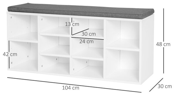 HOMCOM Botník s lavicí na 8-10 párů bot, nastavitelné police, dřevotříska, bílá, 104 x 30 x 48 cm | Aosom