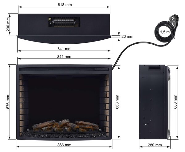 Elektrický krb ArtiFlame AF33, vestavný elektrický krb s topným výkonem 1800 W, realistický efekt plamenů, LED osvětlení, dálkové ovládání, časovač, černý