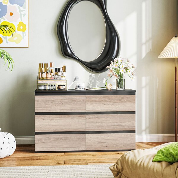 HOMCOM Komoda do ložnice, 6 zásuvek, dřevěná komoda s protiskluzovými nohami, do obývacího pokoje, jídelny, chodby, 120x39x75 cm, černá a dřevěná barv