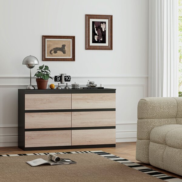 HOMCOM Komoda do ložnice, 6 zásuvek, dřevěná komoda s protiskluzovými nohami, do obývacího pokoje, jídelny, chodby, 120x39x75 cm, černá a dřevěná barv