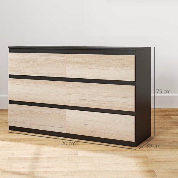 HOMCOM Komoda do ložnice, 6 zásuvek, dřevěná komoda s protiskluzovými nohami, do obývacího pokoje, jídelny, chodby, 120x39x75 cm, černá a dřevěná barv