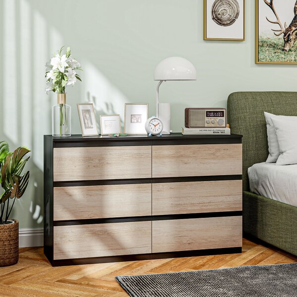 HOMCOM Komoda do ložnice, 6 zásuvek, dřevěná komoda s protiskluzovými nohami, do obývacího pokoje, jídelny, chodby, 120x39x75 cm, černá a dřevěná barv