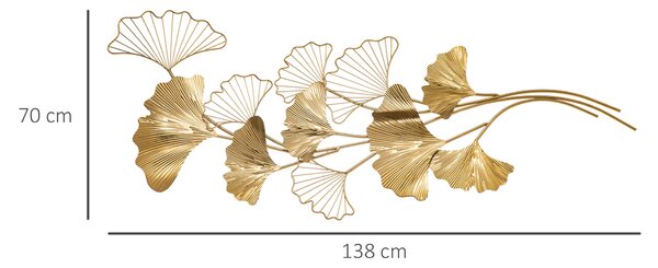 HOMCOM 3D Kovová Nástěnná Dekorace, Zlatá Nástěnná Umělecká Díla s Listy Ginkgo 138x70cm | Aosom