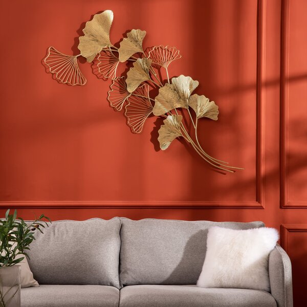HOMCOM 3D Kovová Nástěnná Dekorace, Zlatá Nástěnná Umělecká Díla s Listy Ginkgo 138x70cm | Aosom