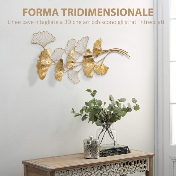 HOMCOM 3D Kovová Nástěnná Dekorace, Zlatá Nástěnná Umělecká Díla s Listy Ginkgo 138x70cm | Aosom