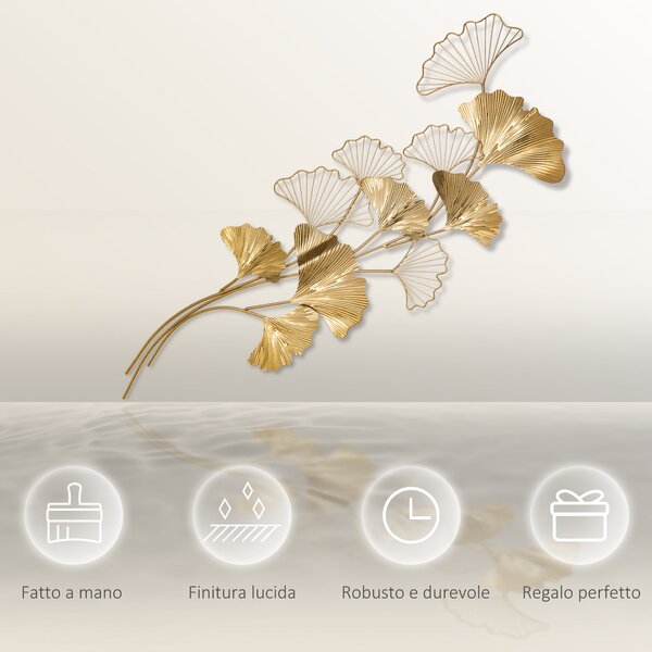 HOMCOM 3D Kovová Nástěnná Dekorace, Zlatá Nástěnná Umělecká Díla s Listy Ginkgo 138x70cm | Aosom