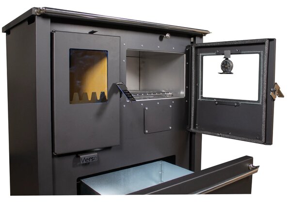 EEK A+ - Sporák na dřevo Verso CS Plus Inox 7,7 kW s troubou, varnou deskou a přihrádkou na dřevo