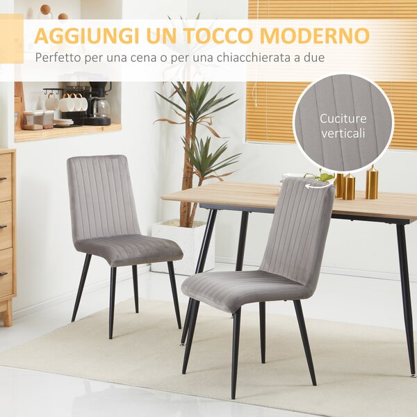 HOMCOM 2 ks Čalouněné jídelní židle s velurovým efektem, kuchyňské židle se ocelovými nohami a úsporným designem, 43x58x90 cm, šedé a černé | Aosom