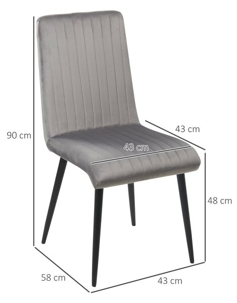 HOMCOM 2 ks Čalouněné jídelní židle s velurovým efektem, kuchyňské židle se ocelovými nohami a úsporným designem, 43x58x90 cm, šedé a černé | Aosom